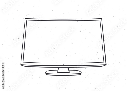 Modern digital smart TV with full ultra HD display. Outline. Vector illustration. Television box with LCD or LED flatscreen for video translation. Hand drawn sketch. Isolated white background
