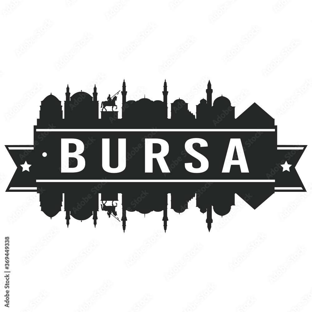 Bursa Turkey Skyline. Banner Vector Design Silhouette Art. Cityscape Travel Monuments.