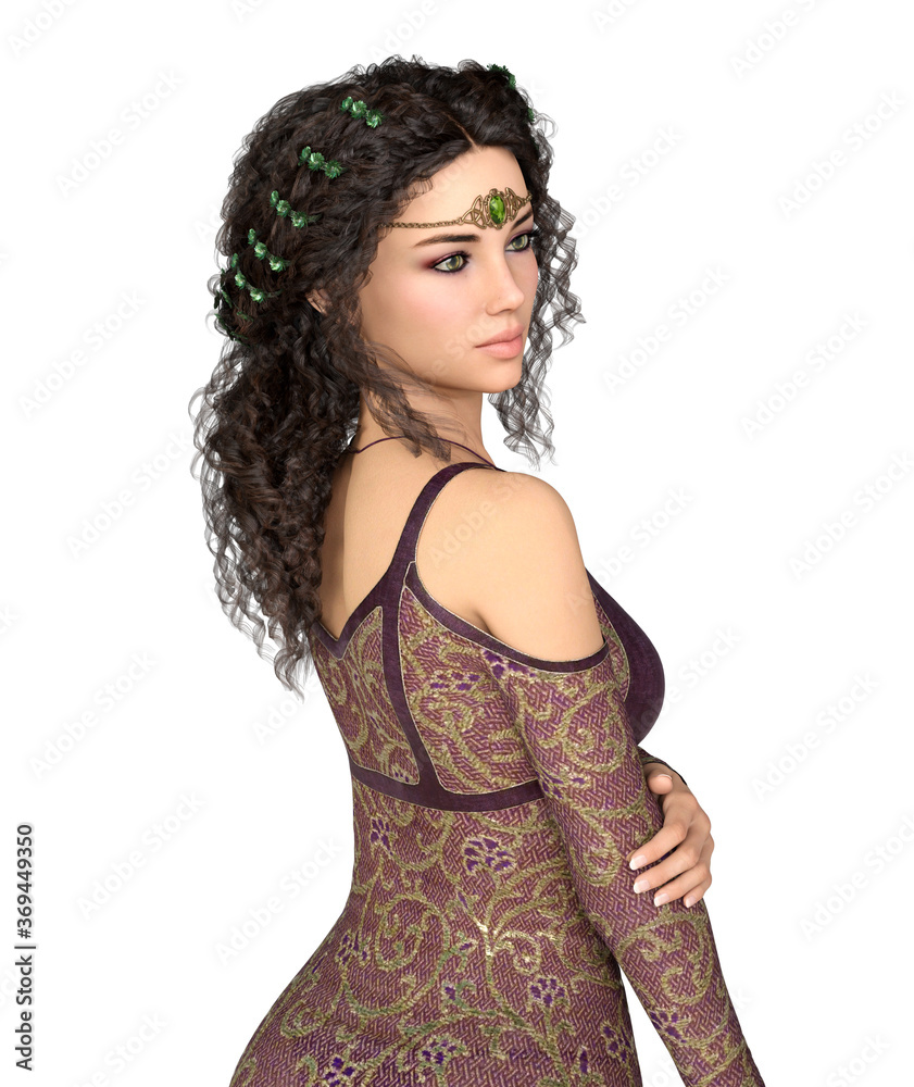Noble woman standing in dress, with circlet on head, looking back. Isolated on white. 3D rendering. Noble woman standing in dress, with circlet on head, looking back. Isolated on white. 3D rendering.