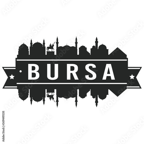 Bursa Turkey Skyline. Banner Vector Design Silhouette Art. Cityscape Travel Monuments.