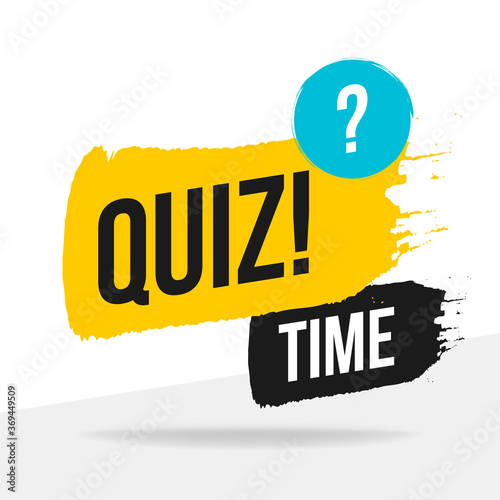 Quiz Time icon, emblem, logo in brush stroke style. Vector flat illustration. Yellow and black element design with question button for brain game and online quiz