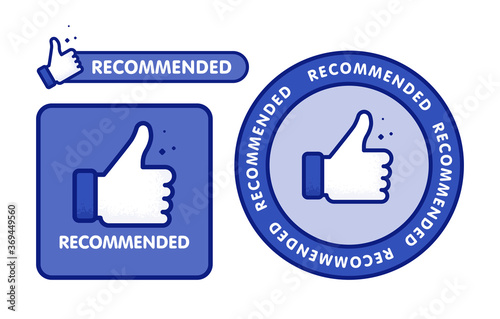 Recommended icon set. Line label recommended with thumb up. Sign brand with recommended. Best tag for great brend. Banner thumb up on isolated background.