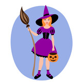 A red haired girl dressed as a witch at a halloween carnival party. Masquerade costume pointed hat broom and pumpkin for sweets. Stock vector flat illustration isolated on white.
