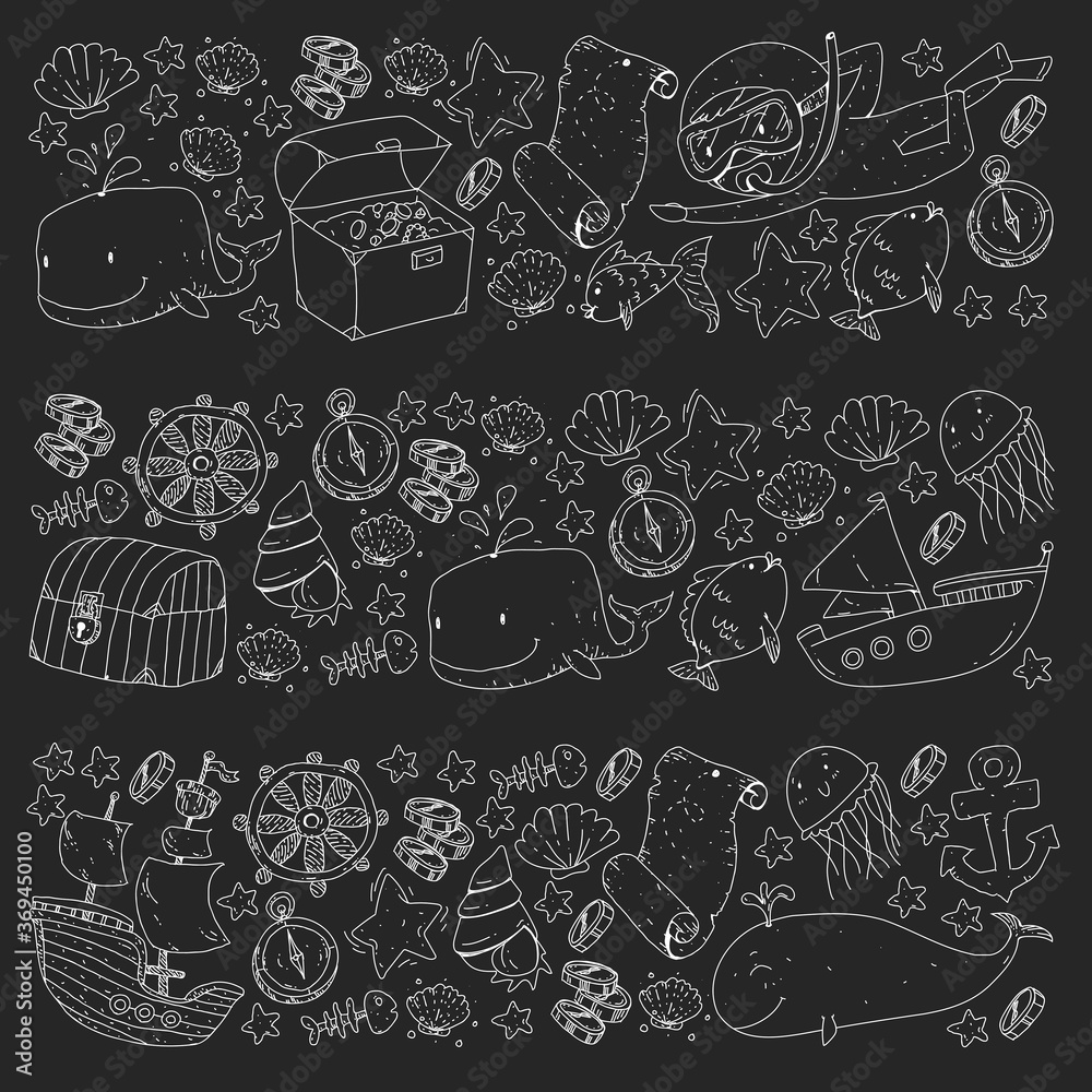 Vector icons of sea ocean adventure for little children. Nautical pattern for kids. Whale, pirates, pirate map, treasure chest, diving and fishes. Vector icons of sea ocean adventure for little children. Nautical pattern for kids. Whale, pirates, pirate map, treasure chest, diving and fishes.
