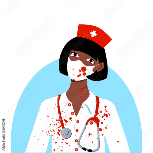 Cute dark skinned afro girl bloody nurse halloween party costume. Hat with a cross stethoscope robe and mask with blood stains. Social media avatar. Stock vector flat illustration isolated.