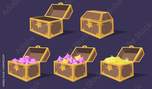 Closed and open colorful treasure chests flat icon set. Cartoon bright pirate chests with gems and coins isolated vector illustration collection. Game trophy and UI elements concept