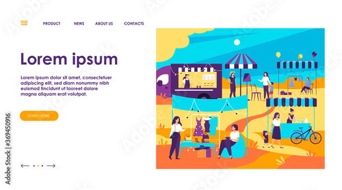 Happy people at street season flea market flat vector illustration. Cartoon crowd walking at park during summer fair. Sale community and marketplace concept
