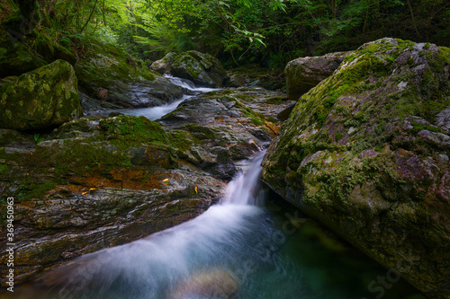 River flowing up in dark forest