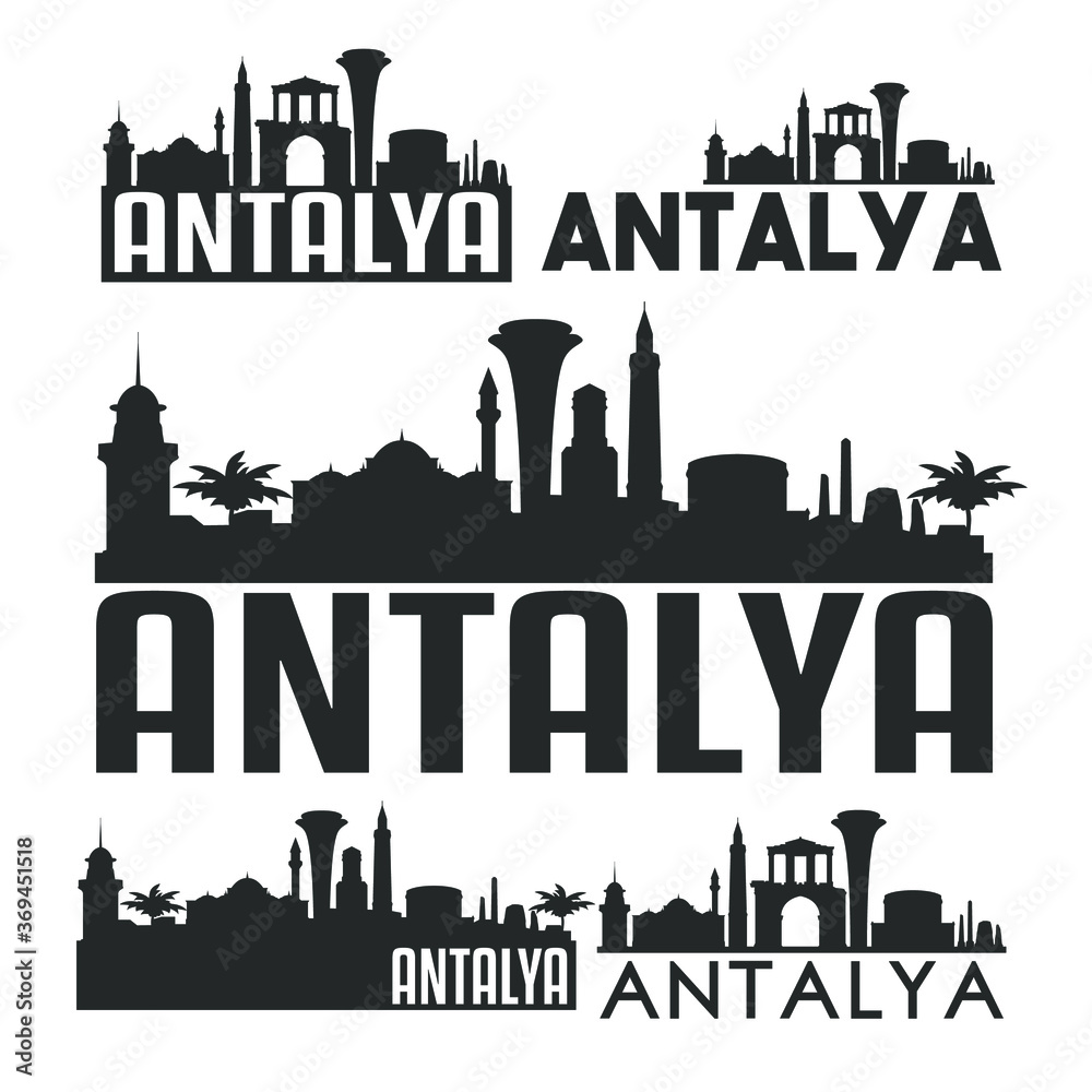Fototapeta premium Antalya Turkey Flat Icon Skyline Vector Silhouette Design Set.