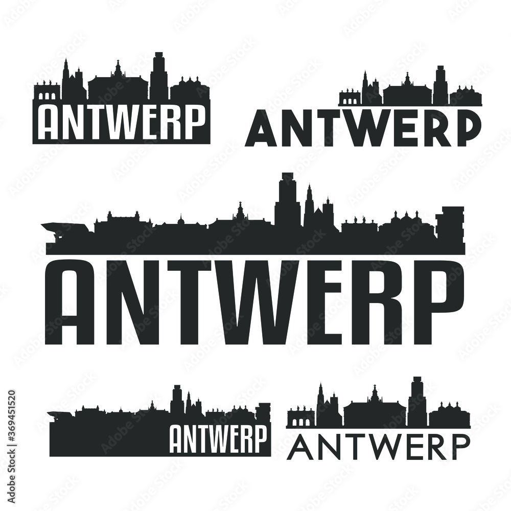 Antwerp Belgium Flat Icon Skyline Vector Silhouette Design Set.
