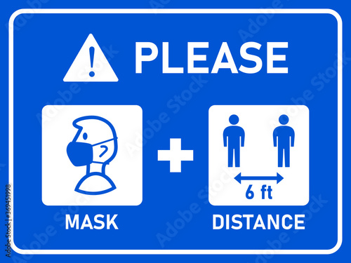 Horizontal Signboard with Basic Set of Measures against the Spread of Coronavirus Including Please Wear a Face Mask and Keep Your Distance 6 ft or 6 Feet. Vector Image.
