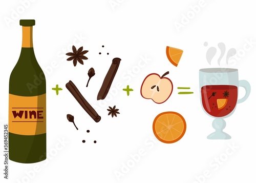 Mulled wine recipe. Bottle of wine, glass with mulled wine, spices orange and apple, autumn and winter drinks, flat vector cartoon doodle collection