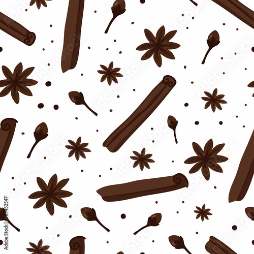 Spicy seamless pattern. Cinnamon and cloves, anise and pepper, aromatic spices for cooking food and drink, design for wallpaper, textile wrapping paper vector texture