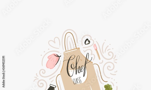 Hand drawn vector abstract modern cartoon cooking class illustrations poster with cooking apron,utensils and Chef class handwritten modern calligraphy isolated on white background