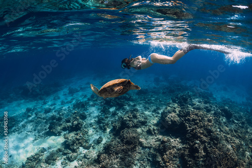 Woman with fins swimming underwater with big turtle. © artifirsov