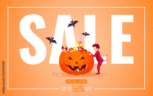 Halloween promo sale banner with baby boy dressed in imp costume looking inside scary pumpkin with candies and bat flying. Vector illustration for poster, banner, discount, special offer, commercial.
