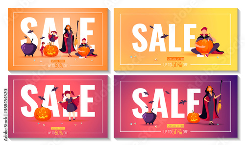 Halloween promo sale banner set with people dressed in costumes. Witch with broom, man in cloak, imp. bats, scary pumpkins, cauldron. Vector illustration for poster, banner, discount, special offer.