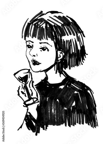 Ink drawn illustration with woman with glass of wine.