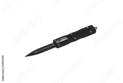 Switchblade (automatic) out-the-front (OTF) knife with black handle and black tactical blade (double edge). Pocket penknife with retractable blade