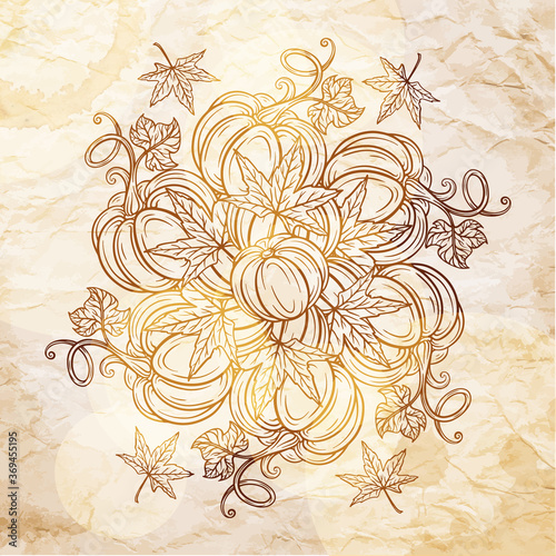 Black and white autumn motif on a grunge paper background. Pumpkins and autumn leaves decorative illustration