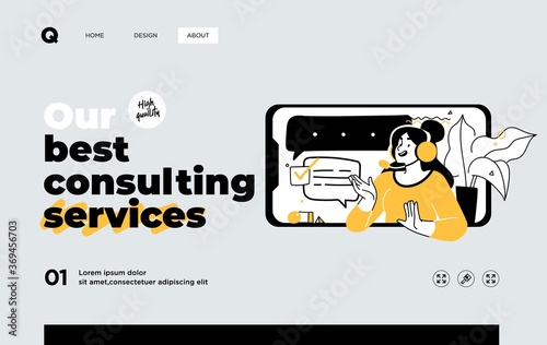 Presentation slide template or landing page website design. Business concept illustrations. Modern flat outline style. Support service