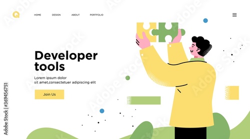 Presentation slide template or landing page website design. Business concept illustrations. Modern flat outline style. Software development tools