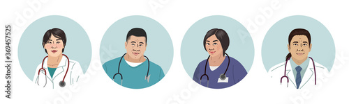 Asian Medics. Chinese Medical Characters. Doctors and nurses round portraits, team of doctors concept, medical office or laboratory. Modern flat vector concept digital people vector illustration