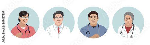 Asian Medics. Chinese Medical Characters. Doctors and nurses round portraits, team of doctors concept, medical office or laboratory. Modern flat vector concept digital people vector illustration