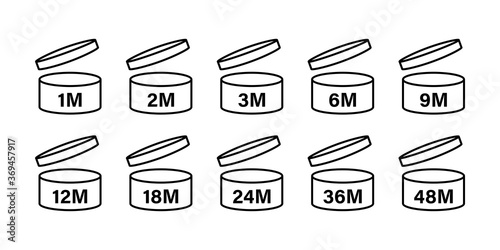 Pao period after opening icon. Vector isolated sign, icon.  Expiration date signs: 1m, 2m, 3m, 6m, 9m, 12m, 18m, 24m, 30m, 36m, 48m. Stock vector.