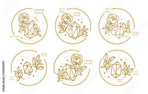 Hand drawn gold crystal and rose flower logo element collection