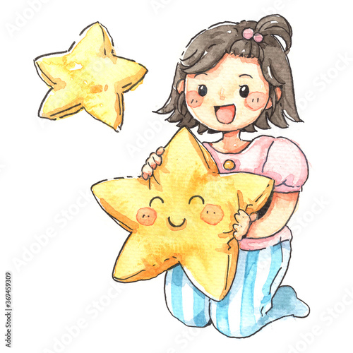 Slika na platnu Watercolor cartoon illustration of cute girl wearing pajamas hugging yellow star pillow