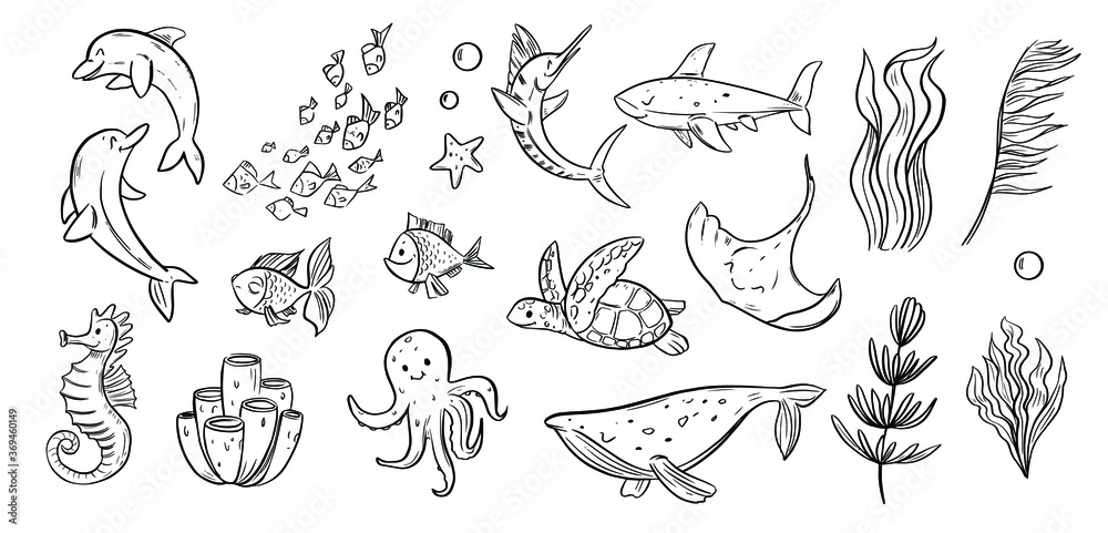 Set of cartoon sea animals. Vector doodle illustration Set of cartoon sea animals. Vector doodle illustration