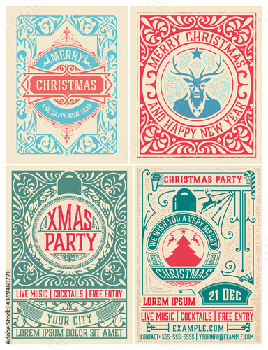 Set of 4 Christmas party flyer retro typography and ornament decoration. Christmas holidays invitation or poster design. Vector illustration.