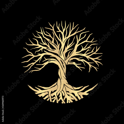 Root or tree, tree of life vector symbol with a circle shape. Beautiful illustration of isolated root with gold color.