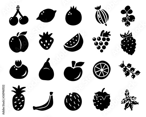 Fruit and berry silhouette vector icons. Cherry, strawberry, pear, peach, grape, apple, banana, pineapple, watermelon, orange, coconut, raspberry and other.