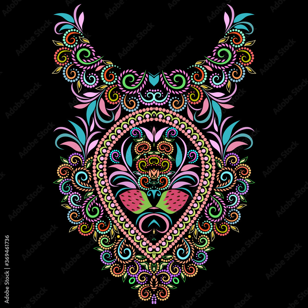 Neckline ethnic design. Floral colorful traditional pattern. Vector print with berries and heart for embroidery, for women's clothing.