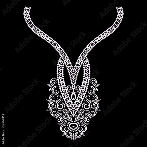 Neckline ethnic design. Ornamental black and white pendant. Vector print with decorative elements and beads for embroidery, for women's clothing.