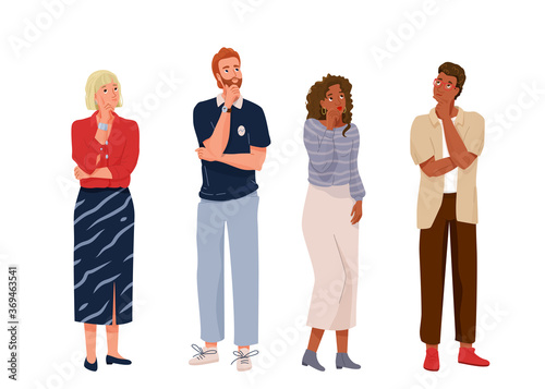 Think people in full length. Different nationality thoughtful men and women thinking about solve problems. Vector illustration of idea brainstorm background