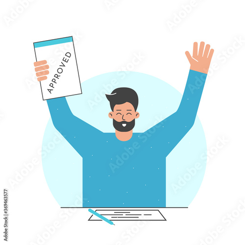 Vector concept. Flat cartoon style. Happy adult man sits at the table with documents and pen. He holds accepted contract after successful deal when bank aprroved loan to buy home. Minimalistic design