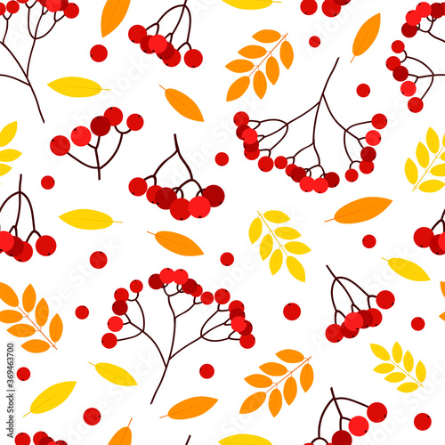 Autumn seamless pattern. Leaves and rowan.  Digital paper.