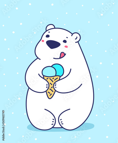Vector illustration of lovely cartoon white bear holding ice cream horn on blue background with snow. Happy little cute bear.