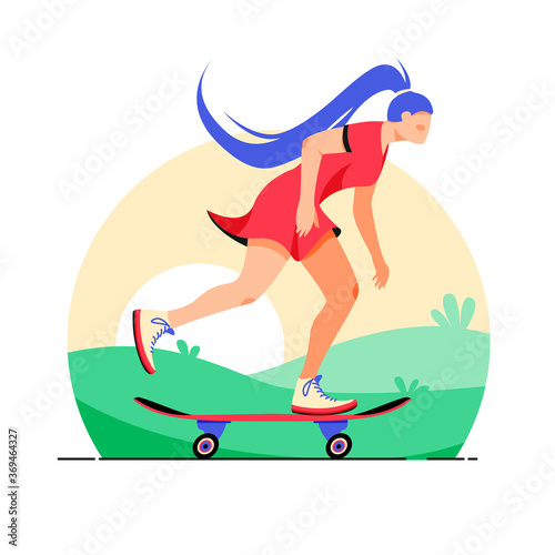 Woman on a skateboard vector illustration. Girl riding a board design element. Modern activity, urban vehicle in flat cartoon style.