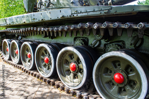 Military tank track wheels. Army vehicles green. 08 August 2020 Minsk Belarus
