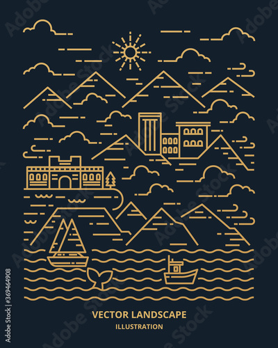 Landscape in modern flat line vector. Thin line landscape with mountain, ocean, building, clouds, sun, boat, whale. Vector illustration. 