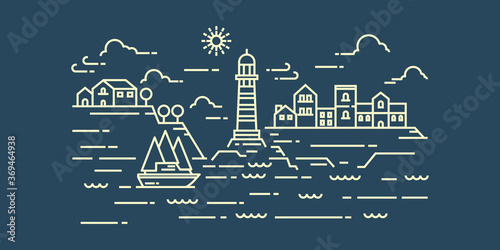Landscape in modern flat line vector. Thin line landscape with mountain, ocean, building, house, lighthouse, clouds, sun, boat. Vector illustration. 