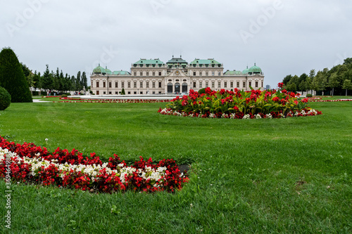 Vienna, Austria - August 04, 2020: Beautiful panoramic view of the upper Belvedere Palace in Vienna from the side of the park during the day, Austria