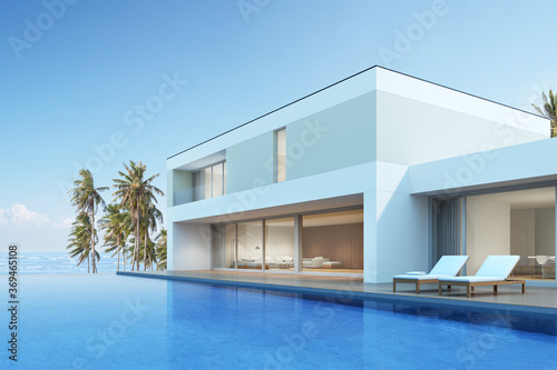 Perspective of modern house with swimming pool on sea background, Exterior. 3d rendering © nuchao