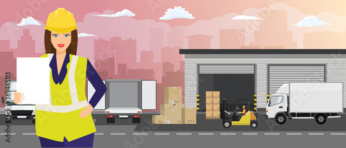 Woman at warehouse holding white empty blank paper showing regulations. Flat and solid color vector illustration.