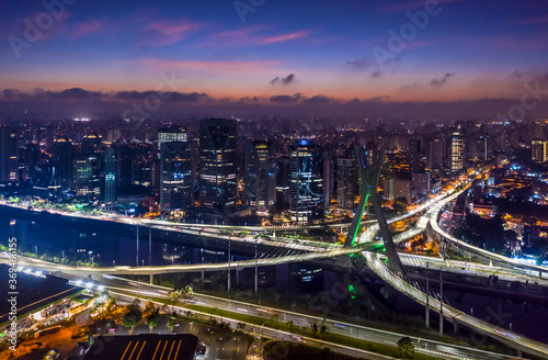 São Paulo, The Octavio Frias de Oliveira bridge or Estaiada Bridge, a cable-stayed suspension bridge built over the Pinheiros River in the city of São Paulo, Brazil, Drone image