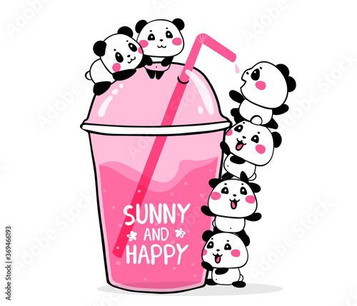 Happy cute pandas drink fruit pink cocktail in a plastic glass to take and go with a straw on white background. Vector illustration of many lovely cartoon pandas.